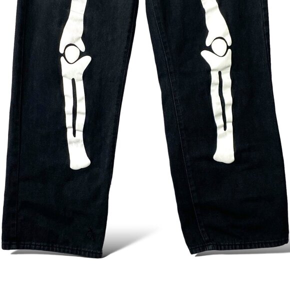 Skeleton Baggy Jeans Sz L 30x Black Denim Wide Leg Pants Goth Halloween Bones - Picture 6 of 13